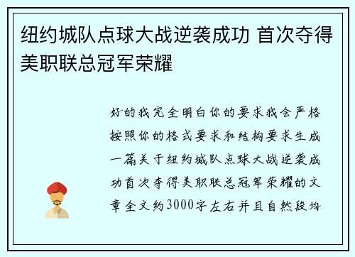纽约城队点球大战逆袭成功 首次夺得美职联总冠军荣耀